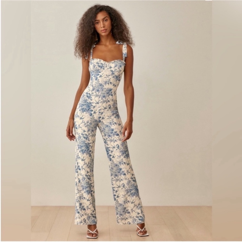 Reformation Blue and Cream Floral Alfred Jumpsuit